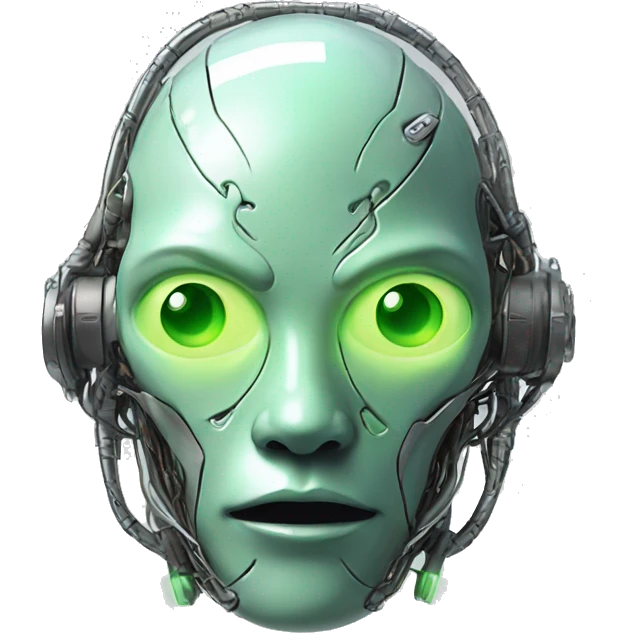 Round Alien cyborg head with glowing wires and green eyes  emoji