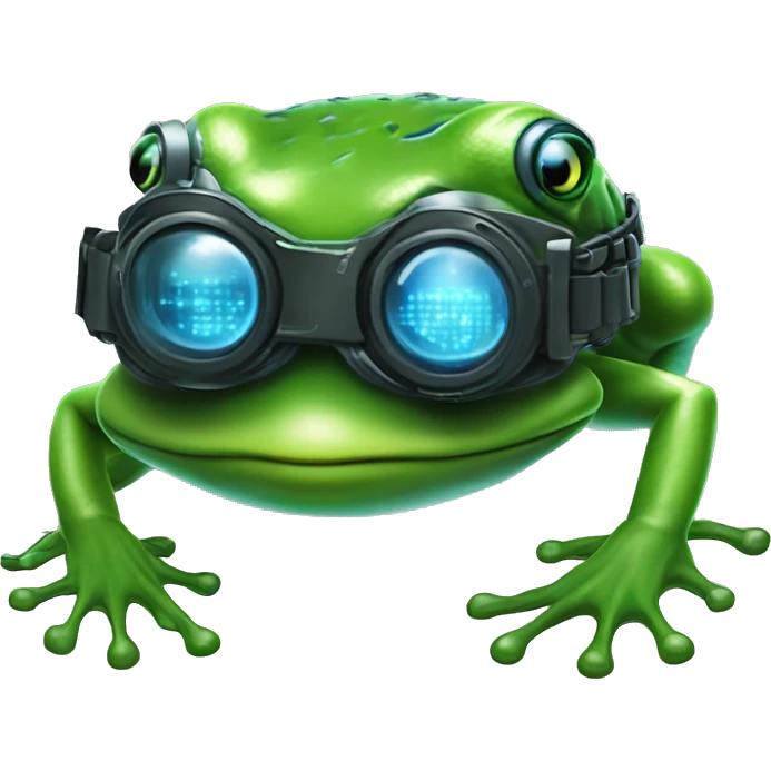 Create a high-quality emoji resembling a cybernetic frog mascot inspired by Neo from The Matrix. The emoji should feature the frog's face with sleek VR goggles and a form-fitting cyber armor with glowing blue circuit patterns.  emoji
