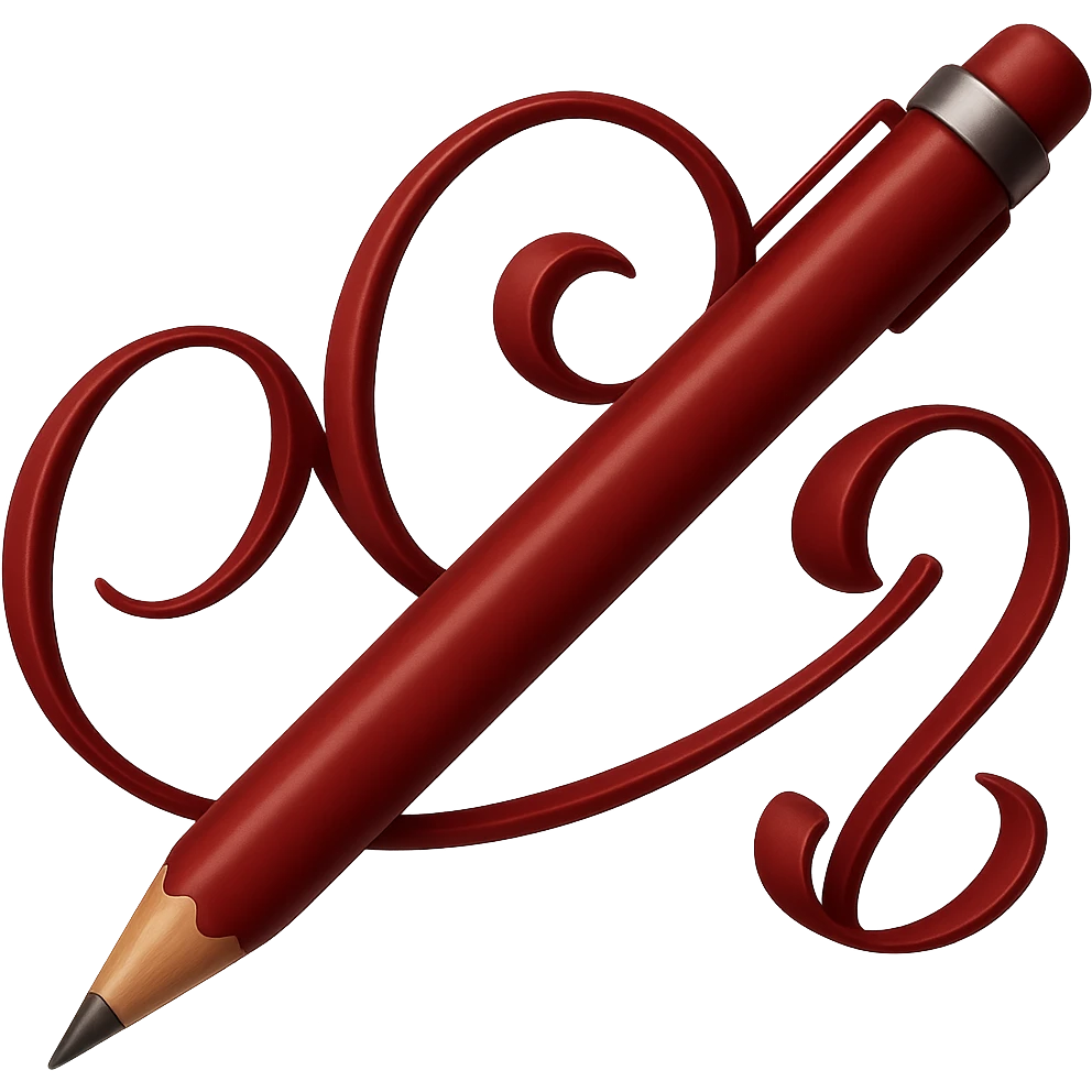 Change the pink writing and pencil to a dark red color, keeping the same emoji style and swirly design, with no background. The original style is emoji style, but since emoji style does not support editing, use the general style to preserve the emoji look and swirly design while changing the colors as requested. emoji