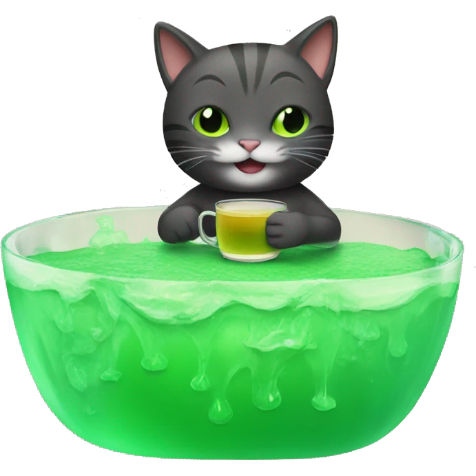 cat drinking tea while surfing in green jello emoji