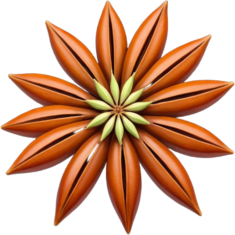 one or two whole star anise pods, rich reddish-brown color, eight sharply pointed arms in a perfect star shape, smooth slightly glossy segments with visible seeds, woody crisp texture, no extras, soft lighting, subtle shadows, transparent background, emoji scale emoji