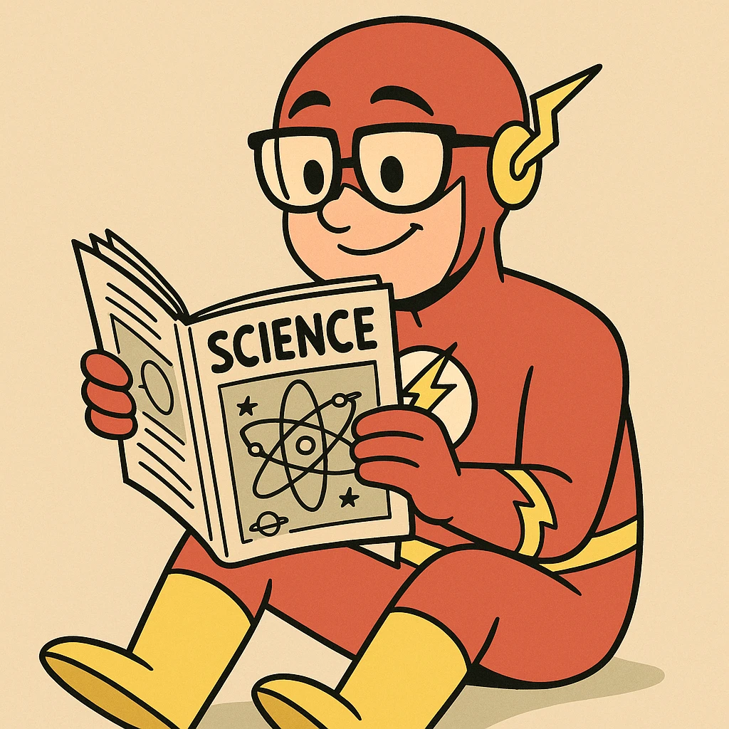 Geeky The Flash, reading a science magazine, playful illustration emoji