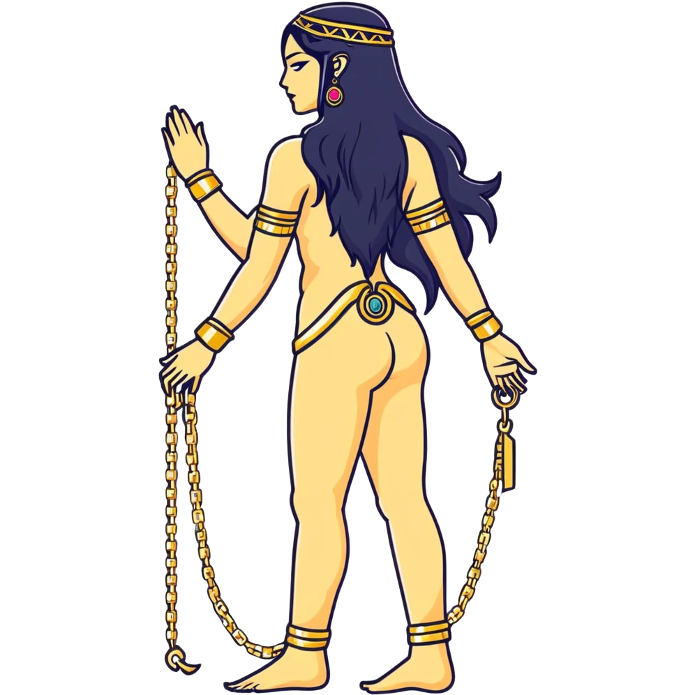 fullbody back view of Anunnaki goddess Inanna with lustrous long black hair, naked back, gold bracelets on wrists and delicate gold chains on her feet emoji