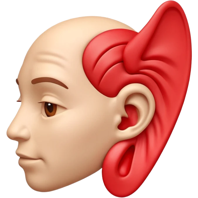 3D iPhone style emoji of a human ear with a “no sound” or “muted” symbol, realistic ear texture, red crossed line over sound waves, isolated on white background, soft shadows, high detail, playful and cute. emoji