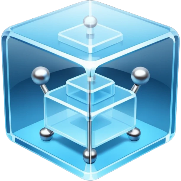 Isometric 3D transparent glass cube with rounded edges, corner bolts, and three floating server layers inside. Holographic panel on top. Cool blue tones on dark navy background.
 emoji