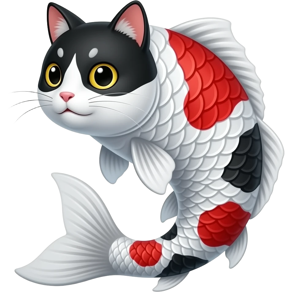 White, black, red, Koi-fish-silver-fox-cat with thick fleshy catfish-whiskers, furry, cute realistic oriental, Japanese painted marked patterned fish-tailed emoji