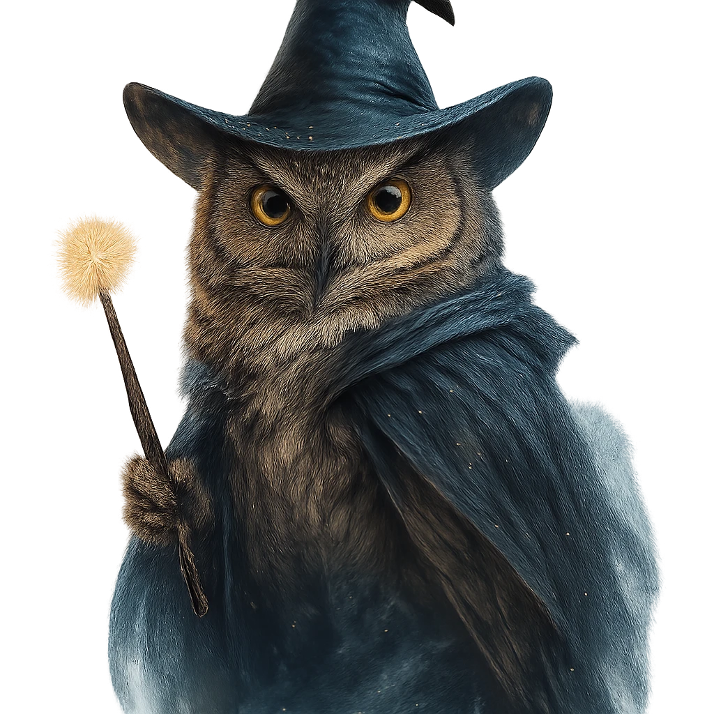 A wizard owl, magical, wearing a pointed hat, holding a wand, detailed feathers, mystical atmosphere. emoji