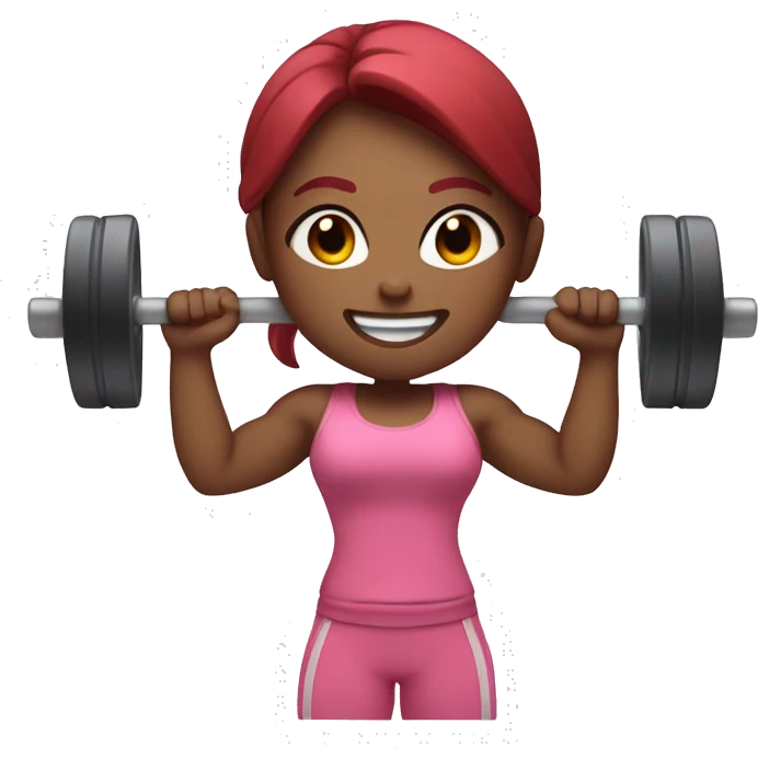 Gym girl lifting weights, pink skin, long and dark red hair, eyes closed, smiling emoji