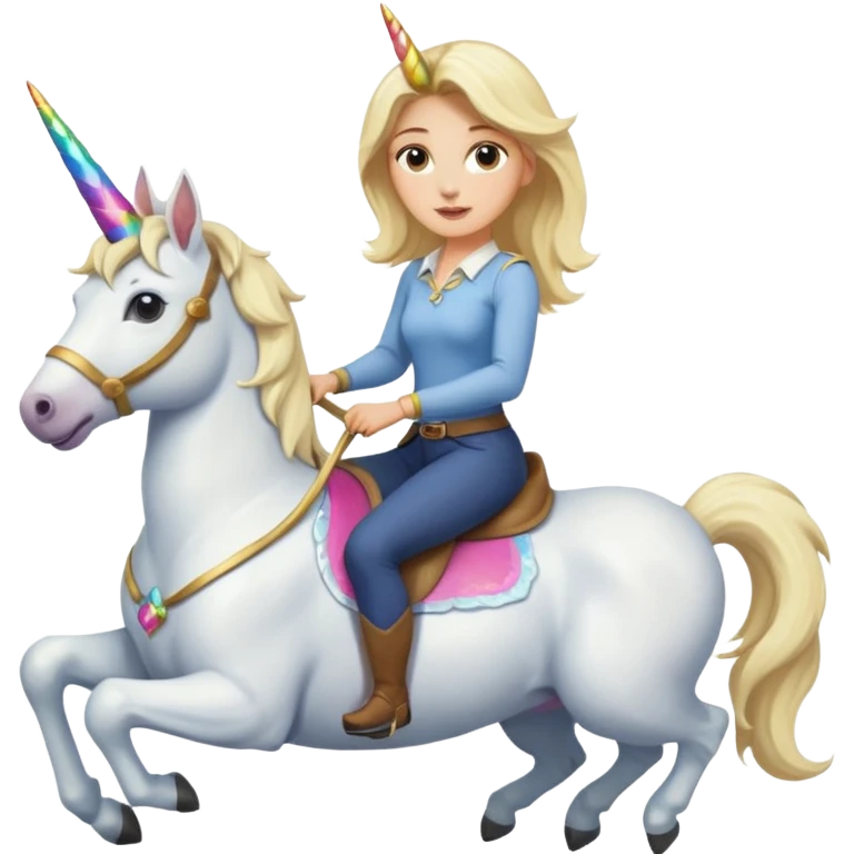 White belgian Shepard with Her blonde owner riding in a unicorn  emoji