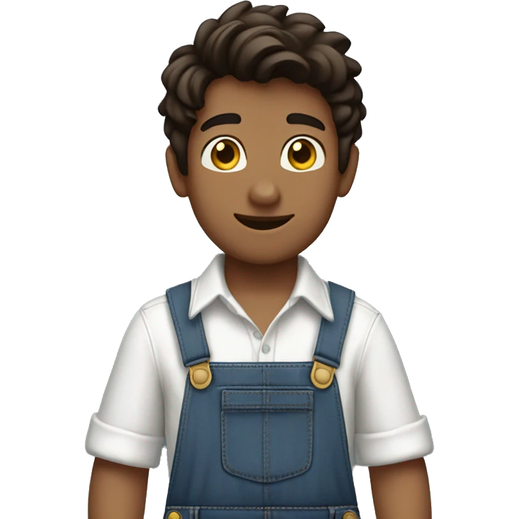 boy pointing to the sky, dark brown wavy hair, wearing blue jeans overalls and white shirt. half body shot. view from behind, back. emoji
