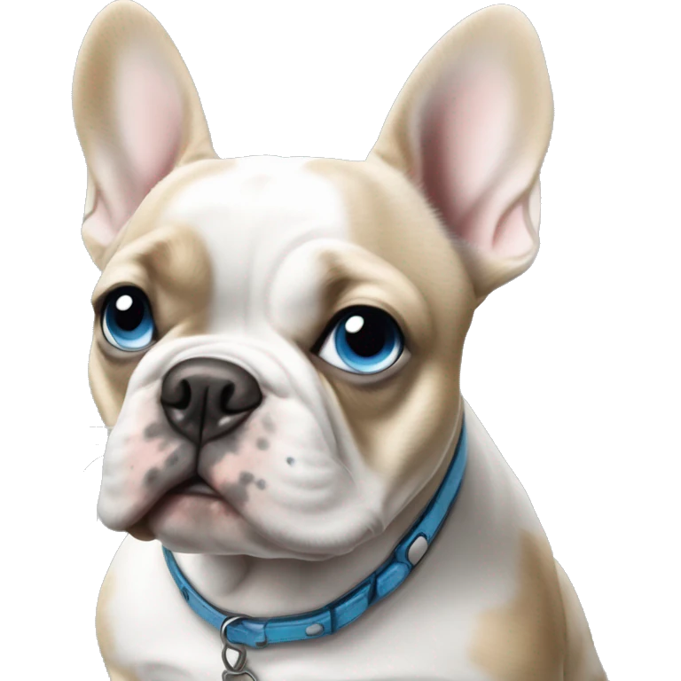Blue eyed Merle French bulldog with blonde hair, blue eyed woman owner emoji