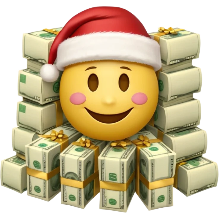 A festive 3D emoji style yellow smiley face wearing a Santa hat, surrounded by stacks of cash and dollar bills, joyful expression, Christmas and New Year theme, high quality, clean design, studio lighting, no text, no background, isolated object, transparent background, emojis.com style emoji