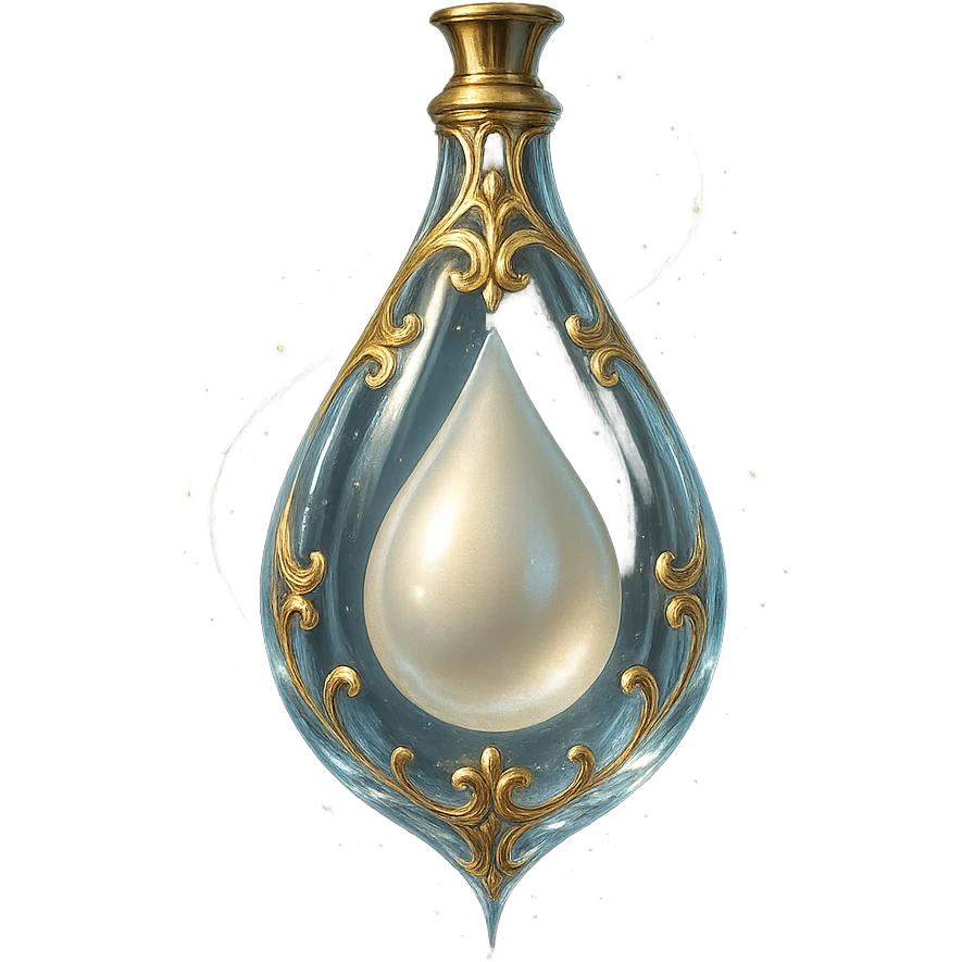 luxurious crystal elixir bottle in tear shape, transparent with pearlescent tear-shaped filling inside, lots of glowing, edges, ornaments, golden details, magical effects, very small golden neck, transparent background, beautiful merging bottom, clearly hanging in the air, no base or shadow, premium class impression, elegant and subtle design, matching a collection of crystal, luxurious, magical bottles emoji