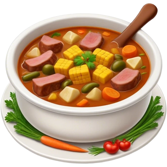 Cinematic Realistic Sancocho Soup Dish Emoji, featuring a rich, hearty stew with diverse meats and vegetables rendered with lifelike detail and warm, comforting lighting. emoji