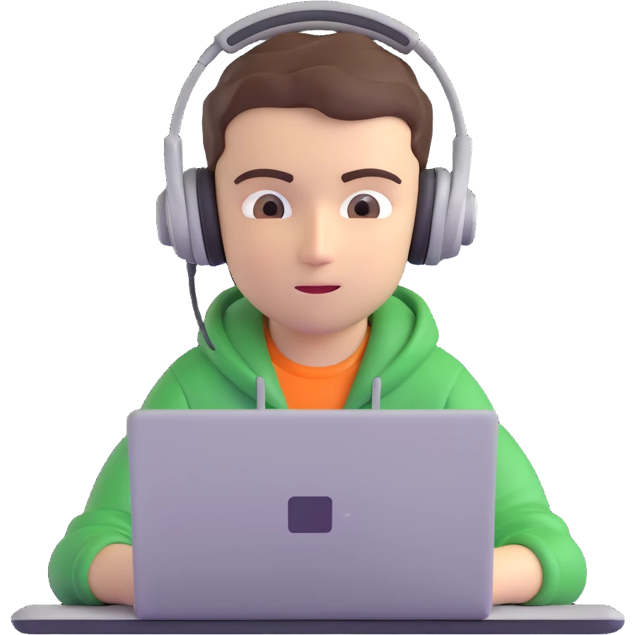 3D emoji style portrait of a focused student conducting an online exam, wearing headphones, sitting in front of a laptop, neutral background emoji