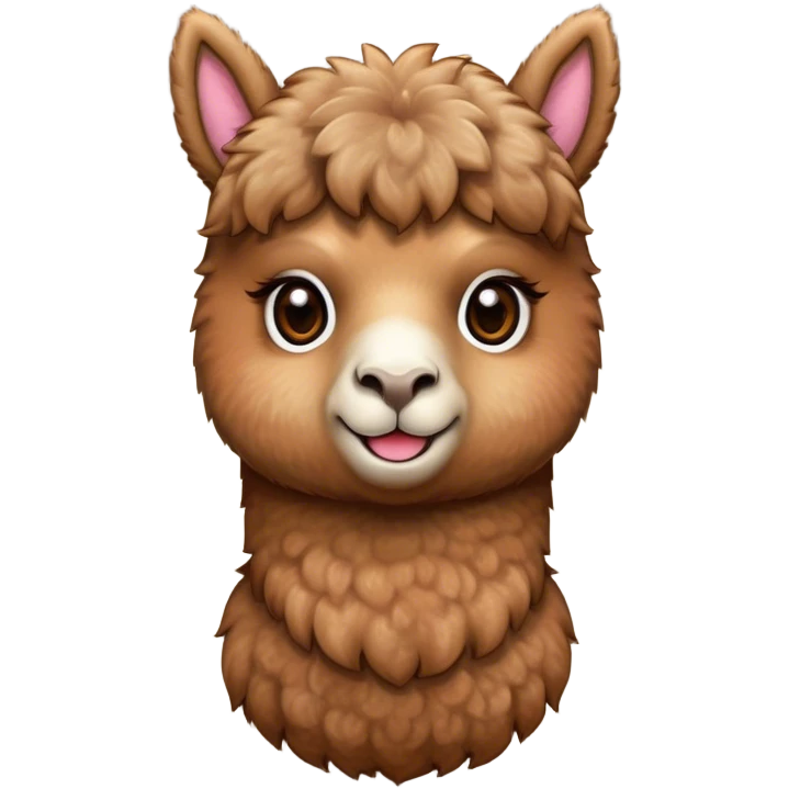 Cinematic Cute Brown Alpaca Portrait Emoji, Head tilted playfully and inquisitively, featuring a plush, rich brown fleece with a natural sheen, round, sparkling warm eyes filled with curiosity, Simplified yet irresistibly adorable features, highly detailed, glowing with a warm, friendly glow, high shine, affectionate and gentle, stylized with a touch of whimsy, bright and endearing, soft glowing outline, capturing the essence of a mischievous yet loving alpaca, so playful it feels like it could prance out of the screen and into your arms! emoji