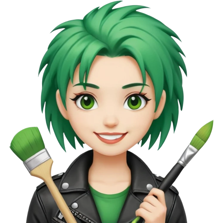 punk-girl with green hair in leather jacket with brush smiling  emoji