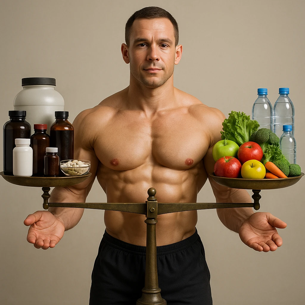 A 35-year-old bodybuilder con equilibrio su uso di sostanze e non. immagine iper realistica, fai una bilancia emoji