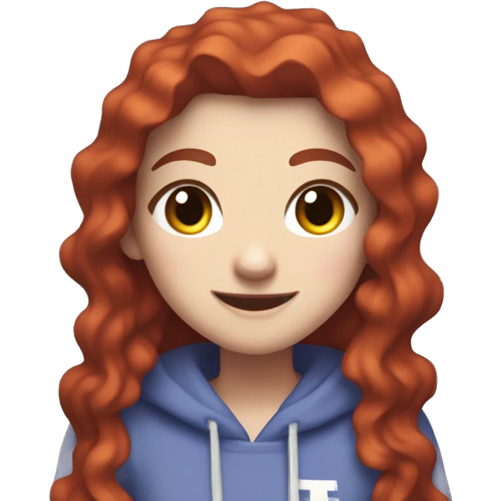 a white girl with long red curly hair and freckles, wearing periwinkle Minecraft hoodie playing a videogame smiling emoji