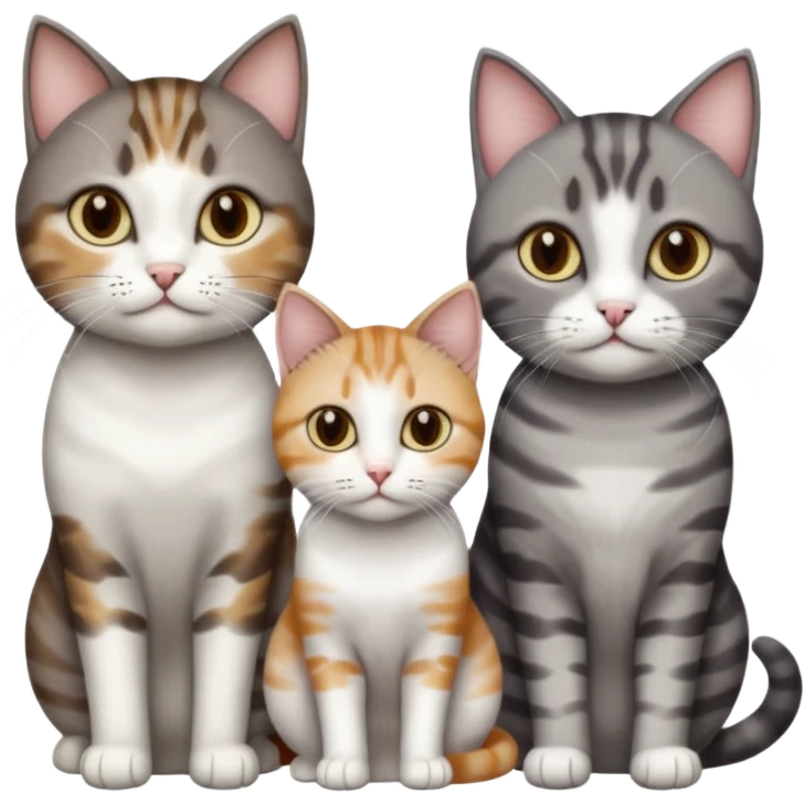 3 different coloured short haired cats including; a dark brown tabby and white cat, and a dark grey and white  emoji