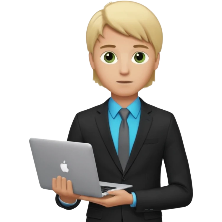 a young boy of about 20 with blond hair that is medium length, he is dressed in suit with tie and jacket, tie blue jacket black, in his hands he has a gray macbook, and black iphone. green-brown eyes emoji