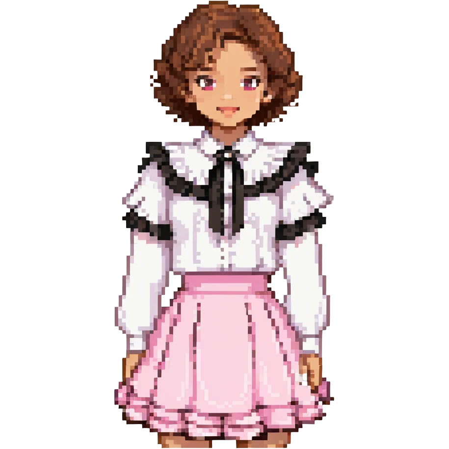 light skin girl, brown eyes, short curly brown hair, white blouse with ruffles, pink skirt with ruffles emoji