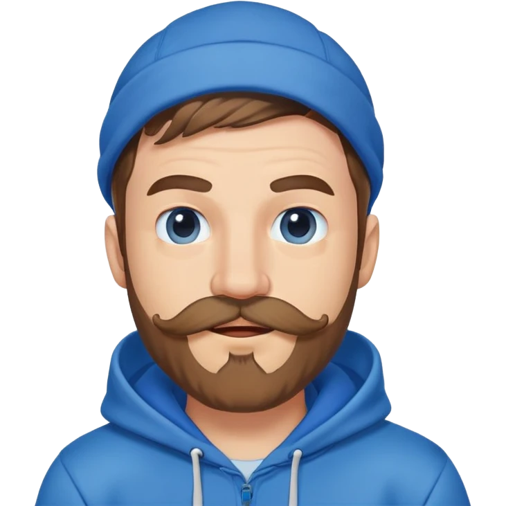 Mr. Beast wearing a blue hoodie, mustache and beard, winking playfully emoji