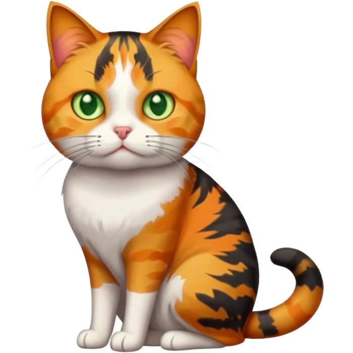 full body colourful calico tabby cat with skinny head and fat body with an anxious face emoji
