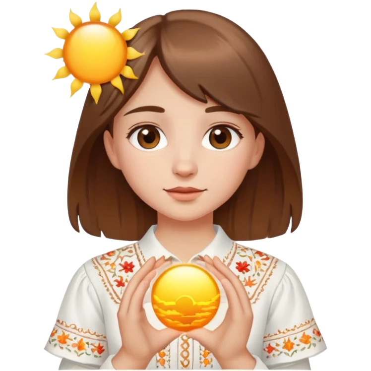 A young Ukrainian girl with brown hair wearing a white embroidered shirt holds the sun in her hands emoji