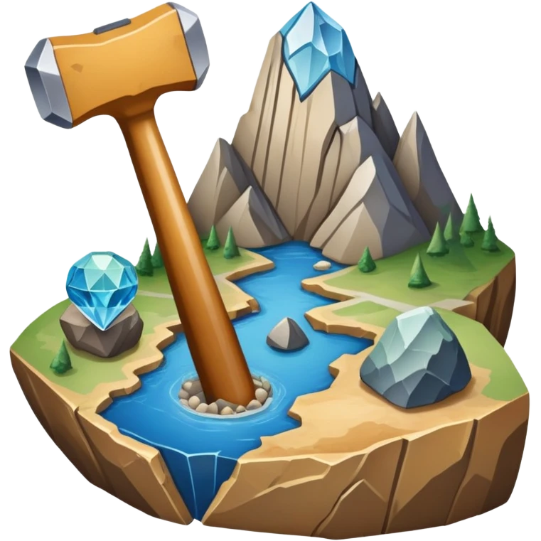 An icon featuring a rock hammer, a fossil, and a geological map, symbolizing geology. The design includes layers of the Earth, a crystal, and a mountain range, representing the study of Earth's structure, materials, and natural processes. Transparent background highlights geological research emoji