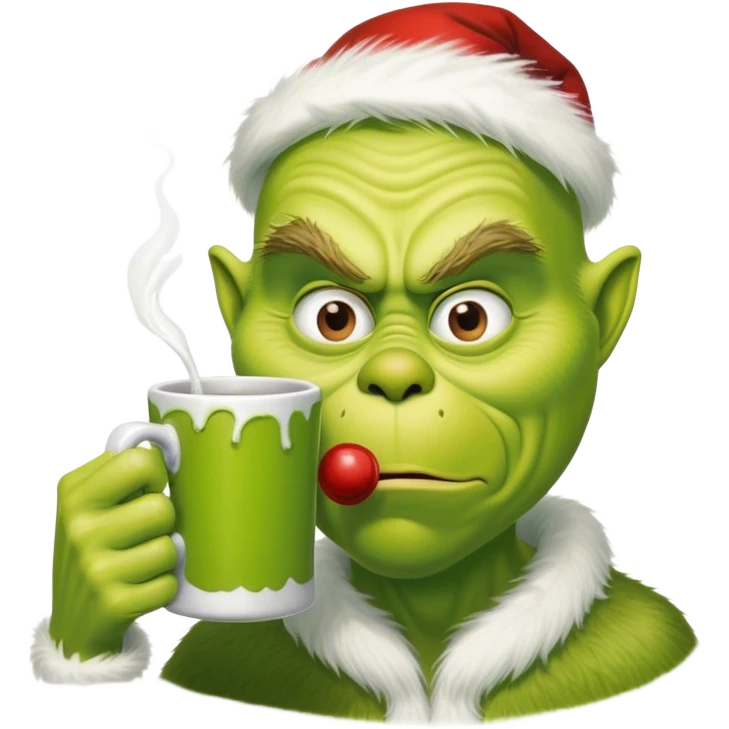 Creepy guy drinking from a Grinch mug emoji