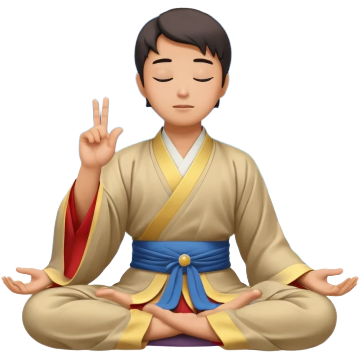 man in hanfu closing sitting in lotus pose, pointing one finger to sky as wisdom gesture emoji