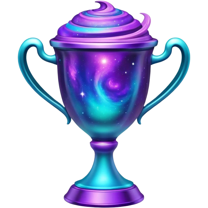 A futuristic alien trophy cup with swirling cosmic nebula colors, purple, blue and teal galaxy patterns emoji
