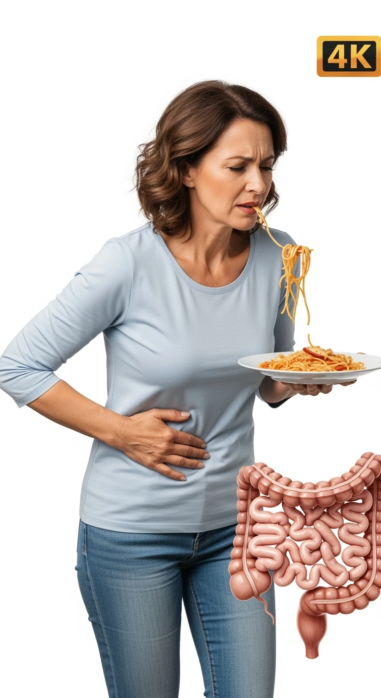 DONNA CHE TIENE UN PIATTO DI PASTA IN MANO MANGIATO PER METà, HA MAL DI PANCIA E INTESTINO UMANO ANATOMICO REALISTICO IN EVIDENZA, iperrealistico 4k, ISOLATA SU SFONDO BIANCO emoji