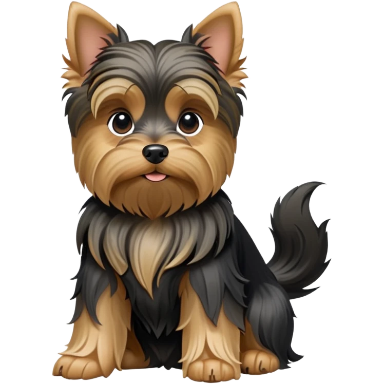 cinematic-[yorkshire terrier]-realistic-full-body-sitting-emoji,-tail-resting-loosely-beside-its-paws,-head-tilted-dramatically,-wavy-[black and tan-fur,-simplified-yet-realistic-focused-features,-highly-detailed,-glowing-with-an-almost-sarcastic-glow emoji