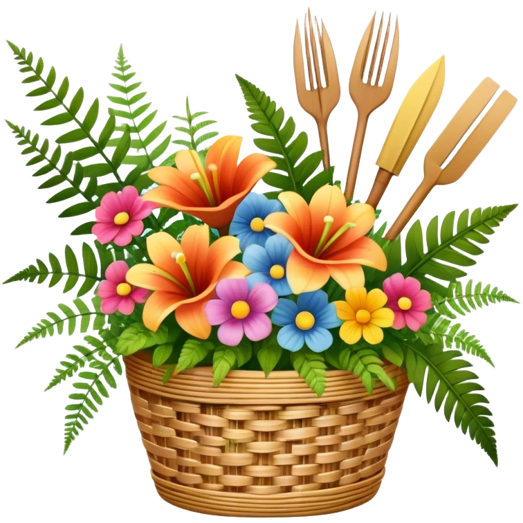 Icon for Floristry: a bouquet of flowers in a woven basket, with reeds, ferns, and floral arranging tools like scissors and a flower stem. The icon should represent creativity in flower design and arranging. Transparent background. emoji