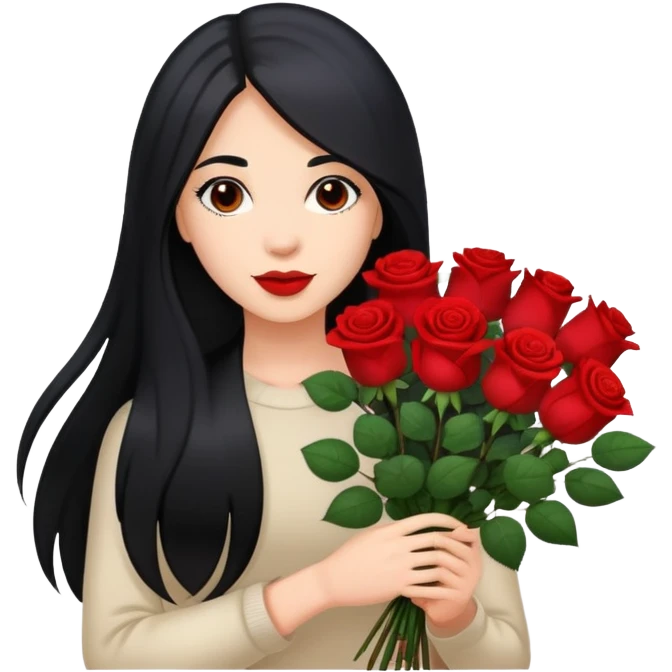 A beautiful girl with long black hair holding a bouquet of roses emoji