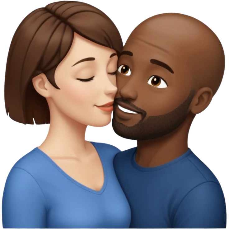 a white woman with short brown hair and a black man with no hair and a beard are facing one each other.  The woman is giving a kiss to the man's forehead emoji
