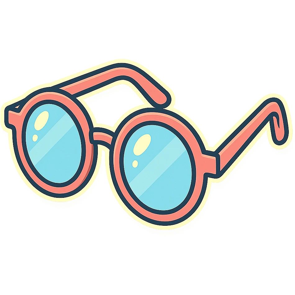 stylish eyeglasses for vision with diopters, round frame, three-quarter view, vector look with shadows and glare, detailed shading, thin clean outlines, pastel palette, Japanese pop art, sticker look, highly detailed, transparent background emoji