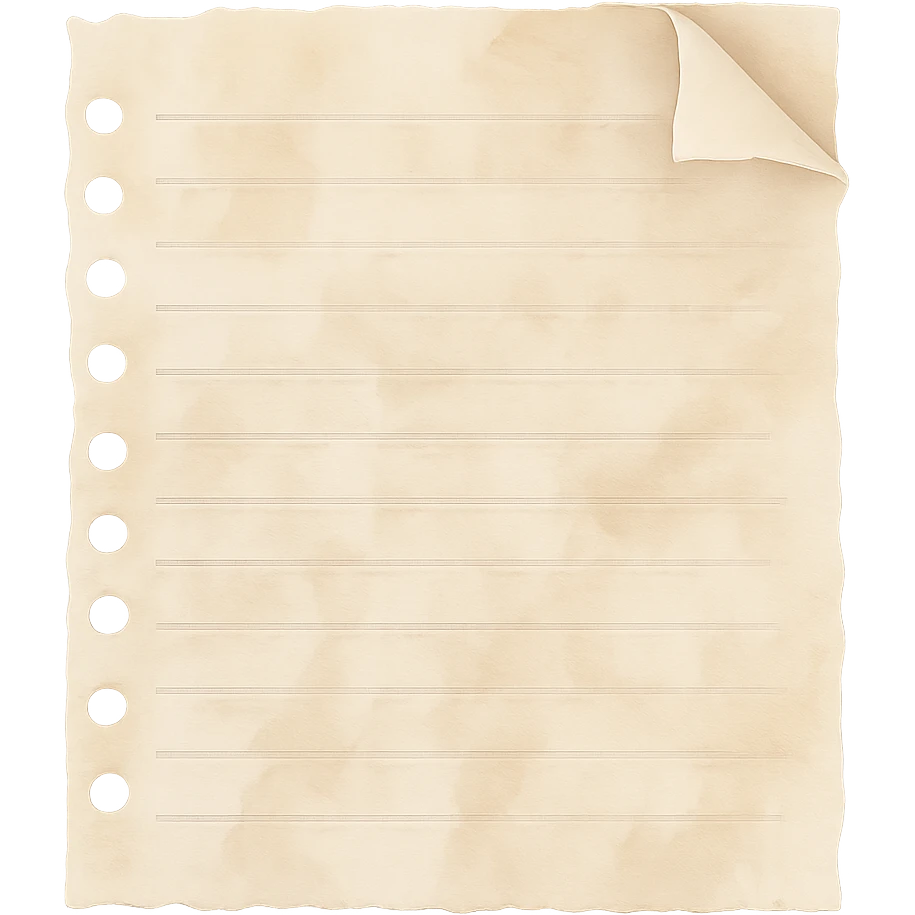 ripped notebook paper with a folded corner, soft pastel beige tones, watercolor texture, transparent background, no face, no hands, no legs, no characters emoji