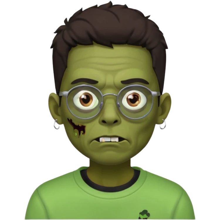 Chico moreno zombie, con gafas y sudadera negra, dos aretes en la oreja izquierda y dos en la derecha, ojeras en los ojos y emoji
