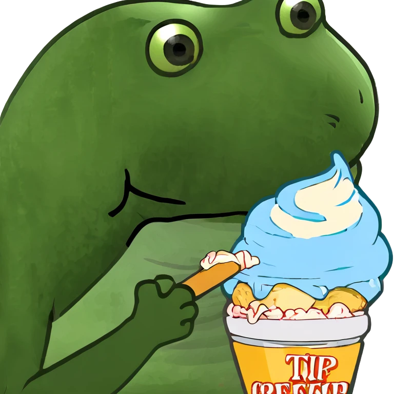 Lou eating an ice cream, green bufo frog meme style emoji