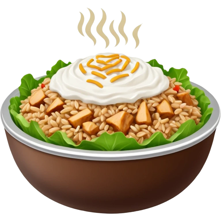 Bowl with brown rice lettuce chicken and sour cream with a silver top next to it.A chipolate bowl emoji