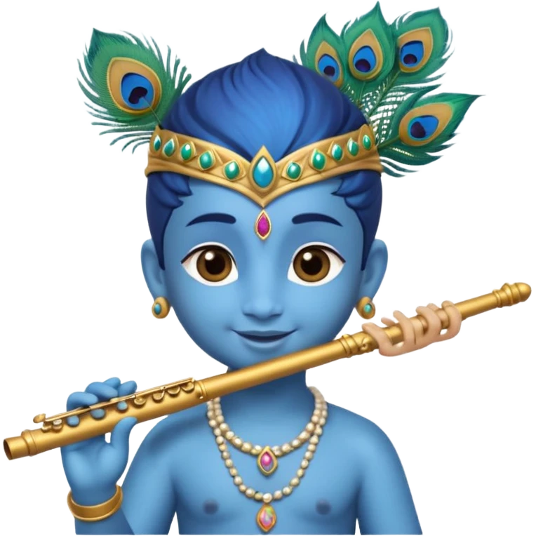 Cute young Krishna emoji, soft blue skin, peacock feather on crown, charming smile, holding a flute, big expressive eyes, round chibi emoji style, divine and joyful look." emoji