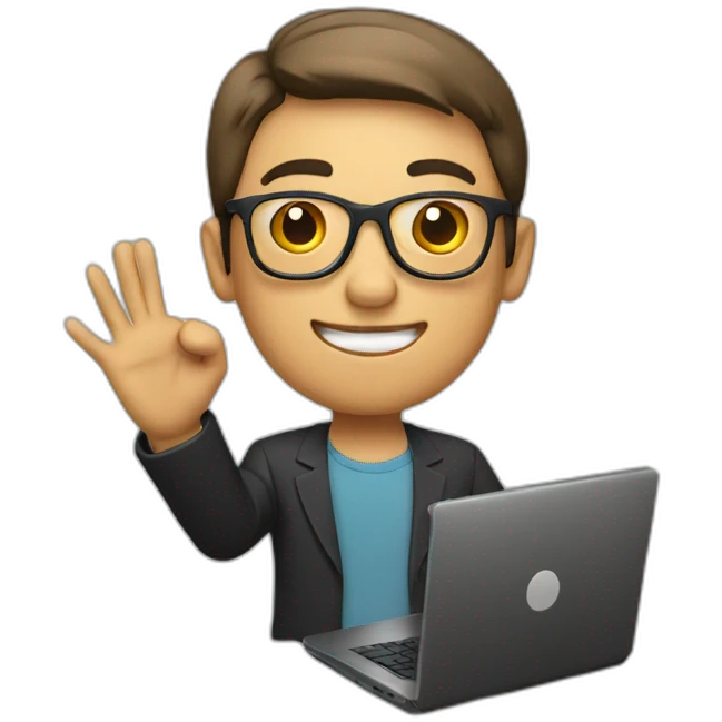 man wearing glasses and holding a computer in his right hand and signaling OK with his left hand emoji