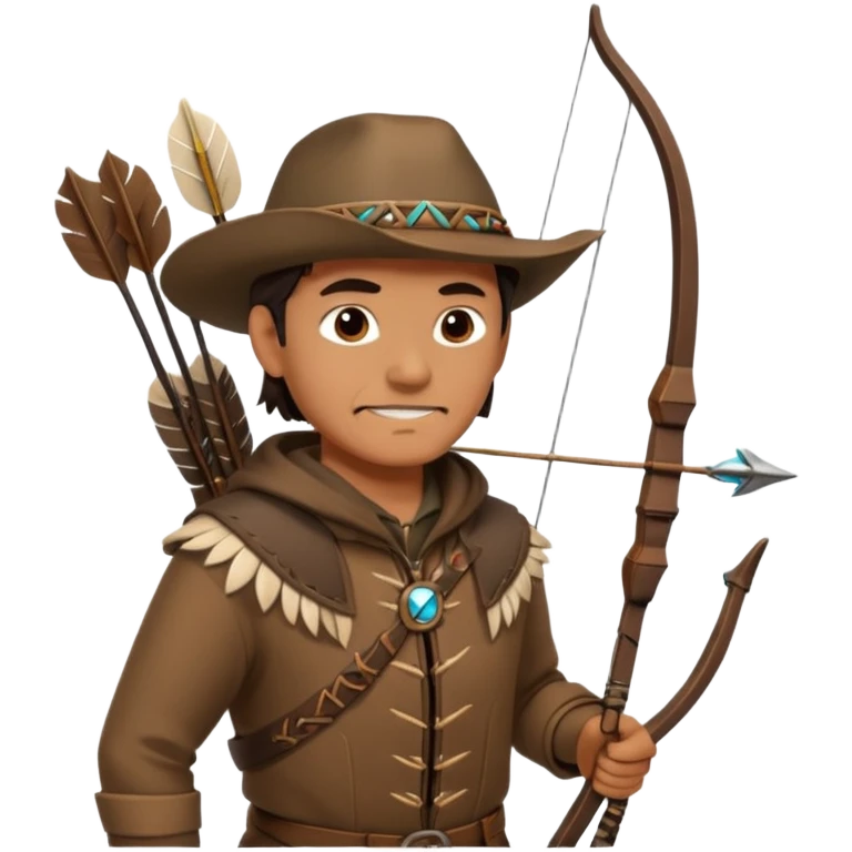 A classic middle-aged hunter with a bow and arrow on his back, dressed in brown clothes and adorned with decorations made of feathers or bone teeth emoji