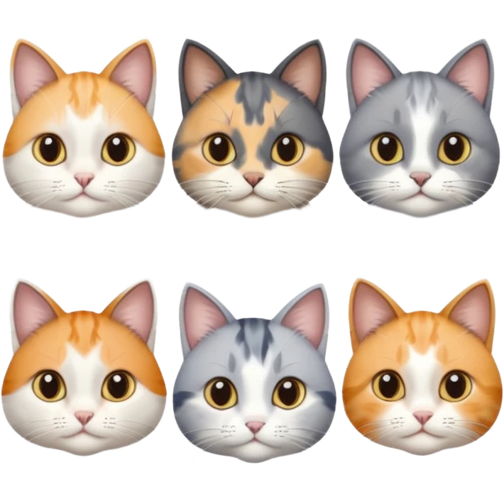 6 realistic looking cats with different natural coloured coats, assorted grey and white, greys, calico colours etc
 emoji