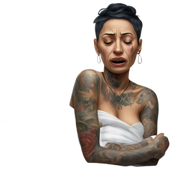 Hyper Realistic Beautiful tattooed woman crying holding a tissue lying on her bed emoji