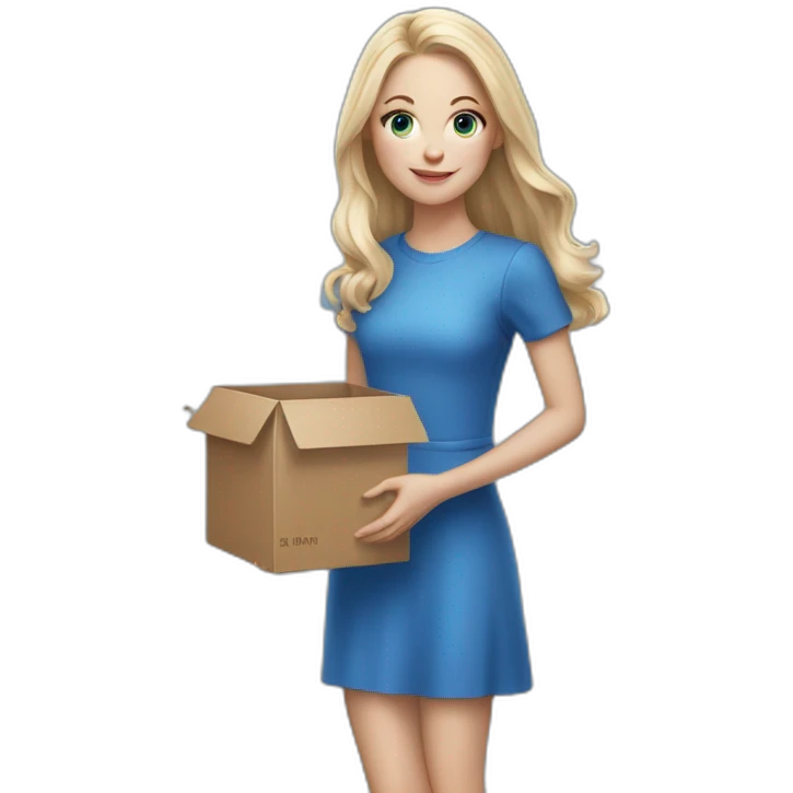 realistic white blode long hair girl in a blue dress holding a box with effort emoji