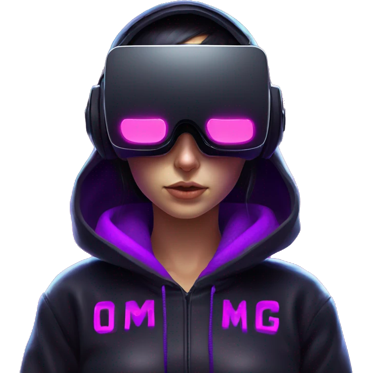 Russian girl wearing black hoody with violet letters "OMG", in vr headset. Cyberpunk style. Violet neon. emoji